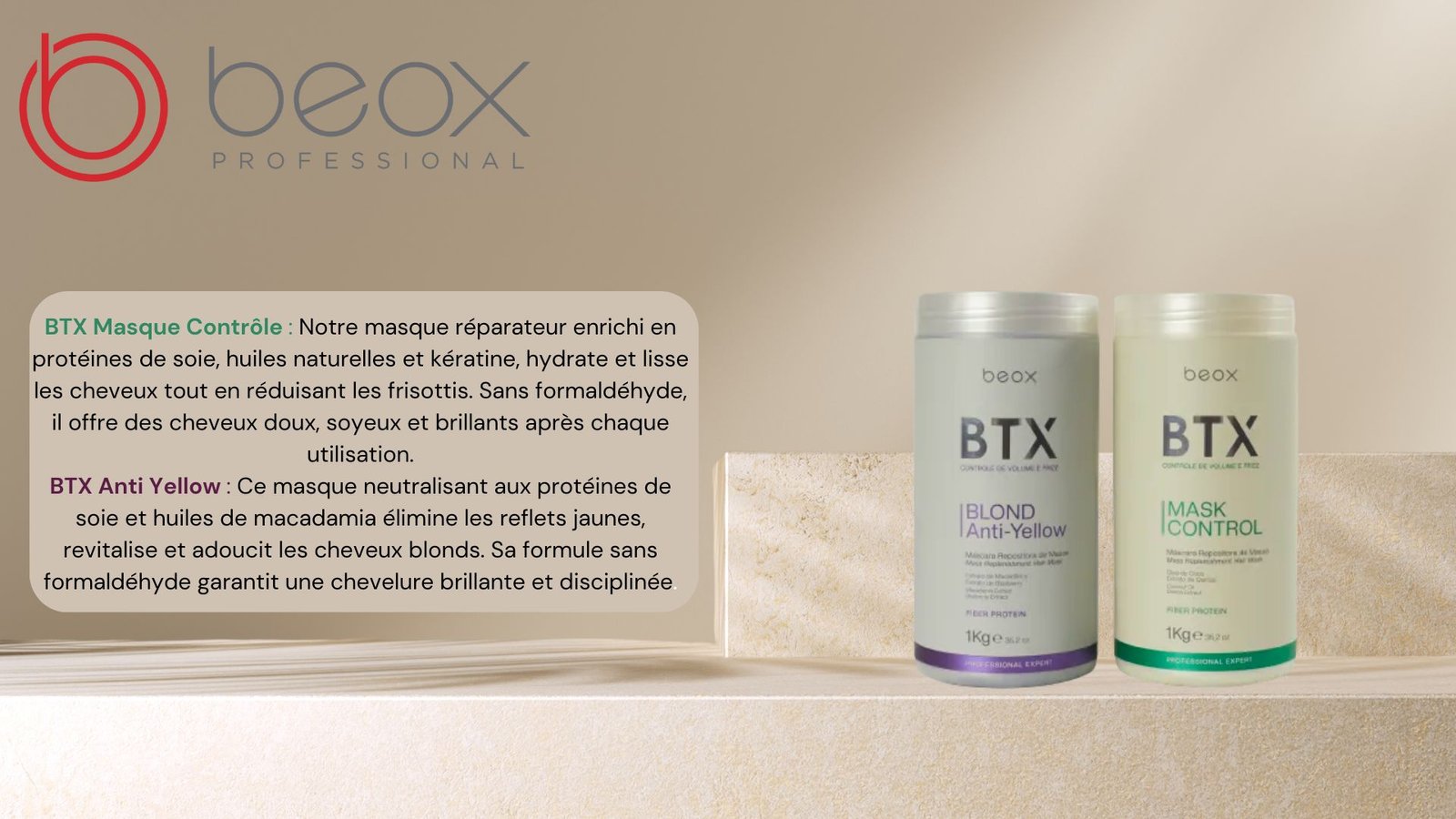 Image des produits capillaires BTX de Beox Professional : BTX Mask Controle et BTX Blond Anti-Yellow